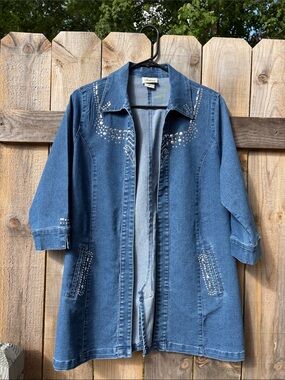Embellished Blue Denim Jacket Coat Distinct VINTAGE BLUE JEAN OPEN FRONT M
